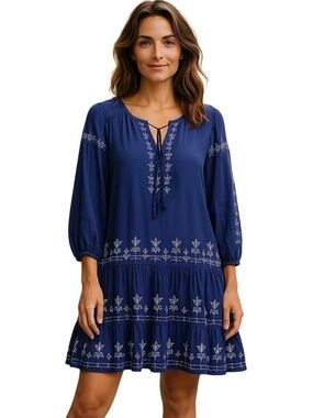 Westport Navy Tie-Neck Embroidered Blouse
